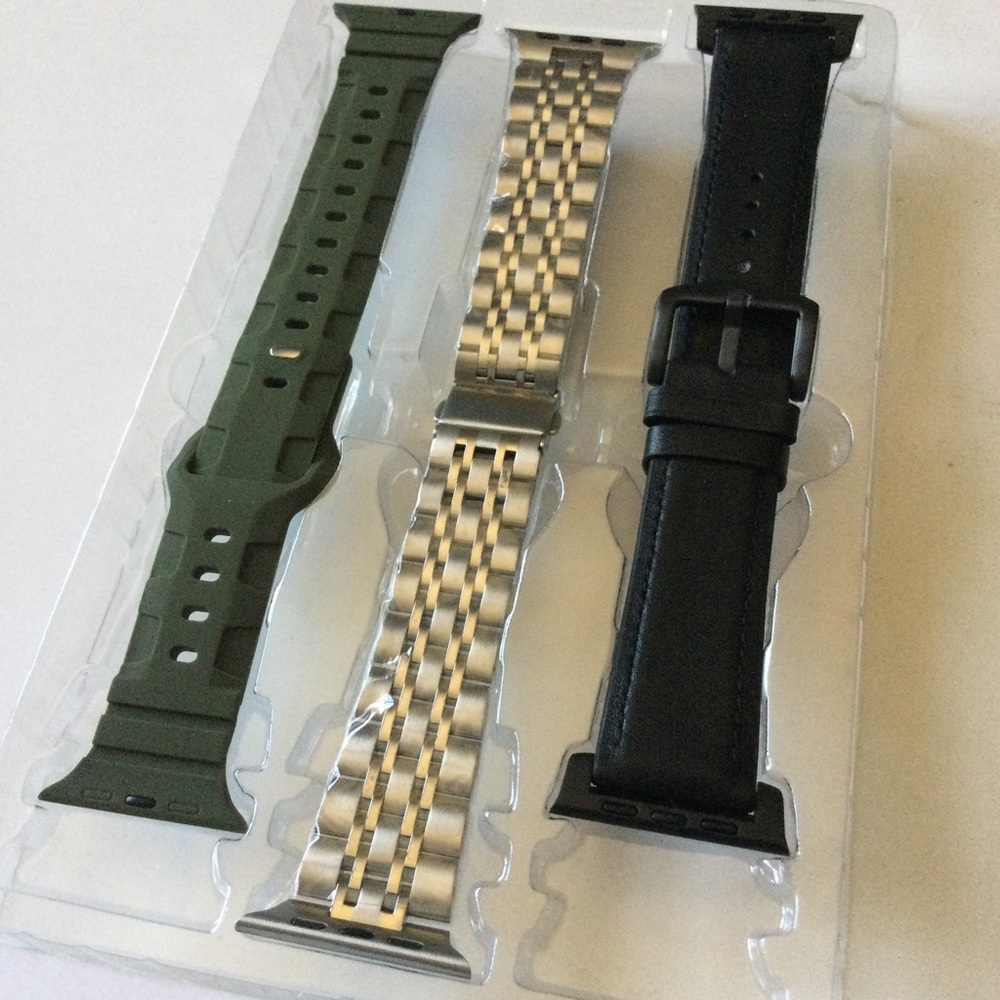 POSH TECH MENS 3 PACK APPLE WATCH STRAPS LEATHER, SILICONE STAINLESS 42-49mm NWT